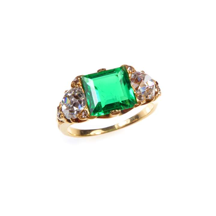 Antique emerald and diamond three stone ring